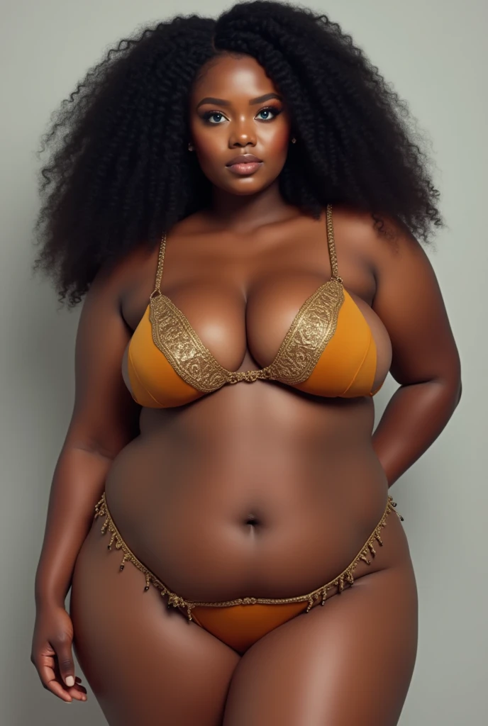 QUEEN, , BBW, photo vintage, visage feminin parfait, , tache de rousseur, 1887, big huge breasts : 66H,FRONT VIEW, Rembrandt LIGHT , EXTREME LONG V-NECK, BIG CLEAVAGE, BEAUTIFUL EYES, BEAUTIFUL HANDS, LIGHT SMILES, PERFECT FACE, CASTLE BACKGROUND, QUEEN, NECKLACE, RING, JEWELERY RICH, SFW, FULL BODY, COLORFUL, ( EBONY SKIN TONE) AFRICAN, ROYAL BOUDOIR, MORNING LIGHT, ROYAL CROWN, ORANGE-YELLOW LINGERIE, VERY LONG AFRO HAIR