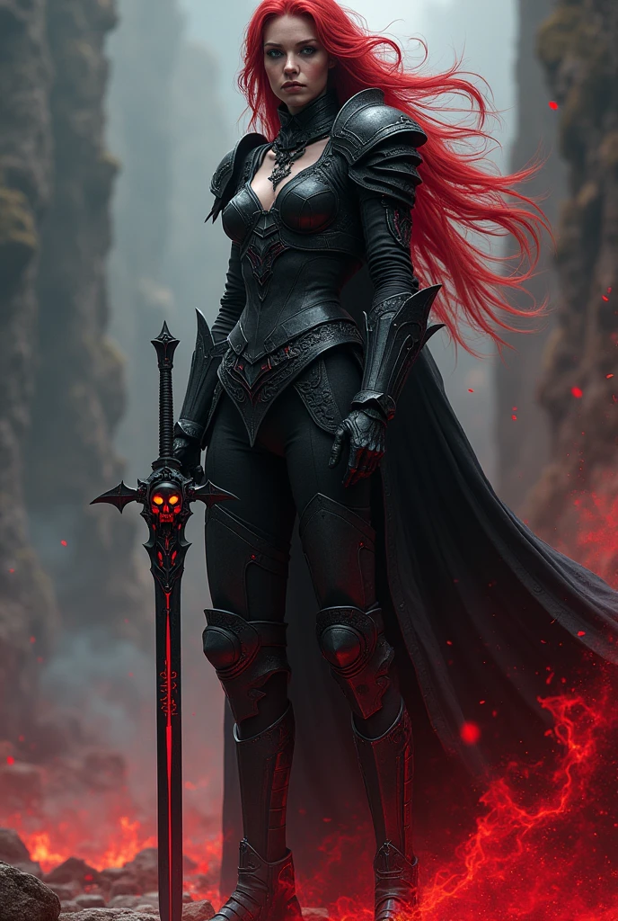 photorealistic image of a woman, ultrarealistic, photography, long red hair, woman, 24 years old, hourglass figure, perfect body, Flirty look, natural medium breasts, black metal armor, big red claymore sword on her back, walking out of the darkness into the light