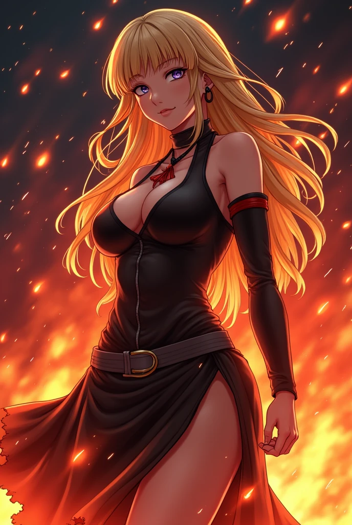 Woman, Blonde HAir, Messy Hair, Cow Horns, Green Eyes, Very Large Breasts, Black Tight Minidress, Gold Mushoom Crown, Fire and Brimstone background, Angry, Scowling, Sharp Teeth, Torn Dress