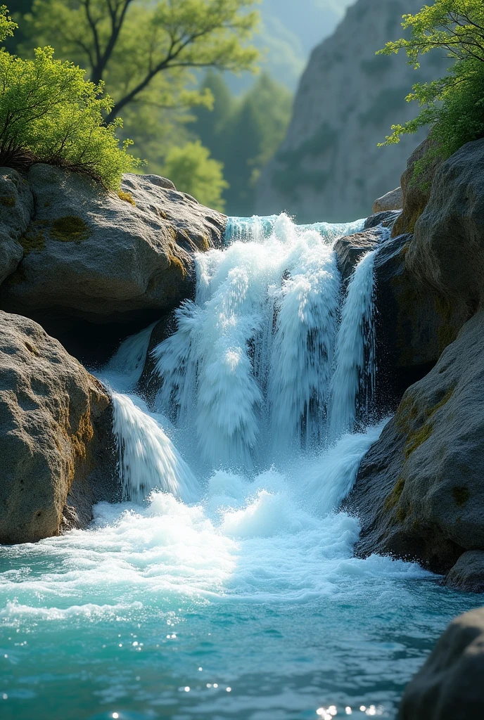 Crystal clear water gushing from rock , reflecting light as it flows like a small river