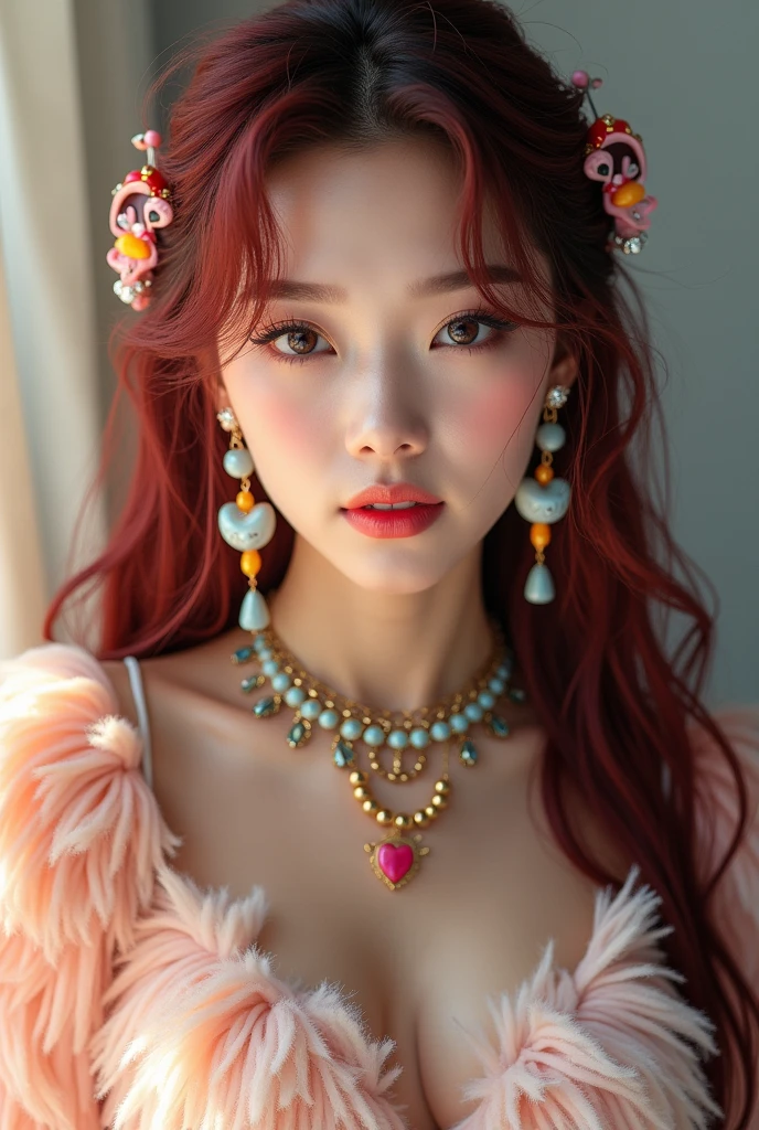 (extra detailed body、extra detailed face、best qualtiy:1.2)、femele、looking at the viewers、(red hairs、Hair ornament with many carnation flowers、a smile、17 age、Earrings of feathers up to the shoulders、Fancy Necklaces、A bracelet)、(Round big colorful yogibo mess on background:1.4)