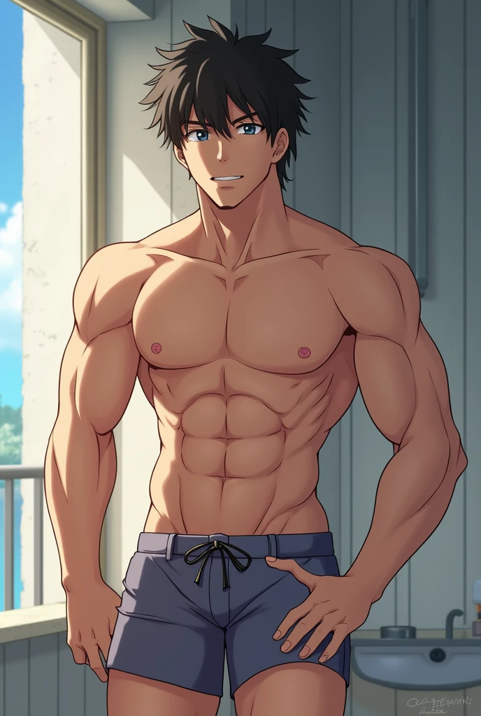beginner anime male who has no experience in body building