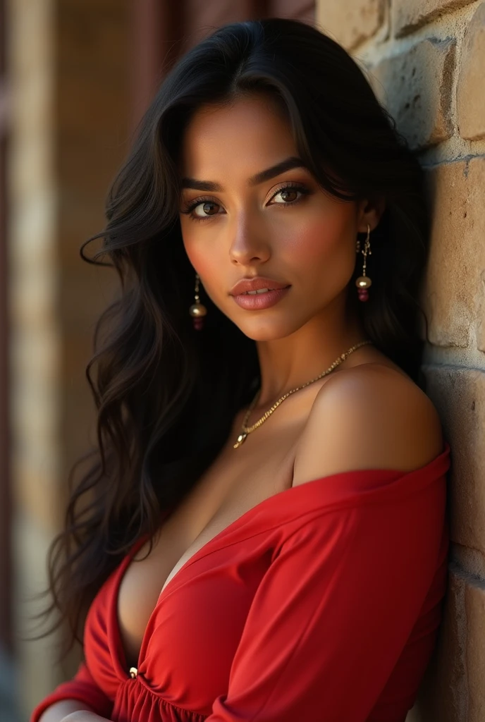 beautiful Serbian woman, long black hair, brown eyes, mascara, red full lips, smooth chin line, highly structured facial skin, black and pink lace top, posing