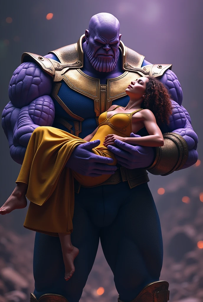 In a quiet, secluded area with soft grass on the ground, Thanos, with his massive and imposing figure, is kneeling next to
Padme, a young woman with long, brown hair. Padmé is lying on her back, her shirt lifted to expose her bare abdomen. Thanos is meticulously palpating her abdomen, pressing firmly and exploring every part with his large, glowing hands. Padmé's face shows a mix of discomfort and curiosity as she allows him to continue.