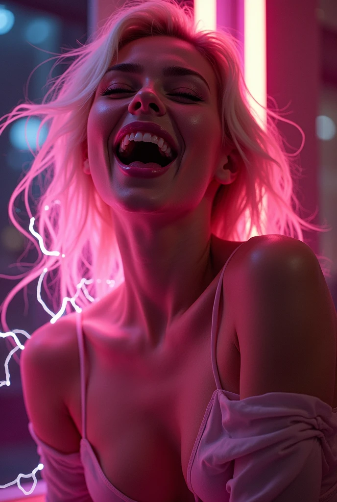 Pink hair: The girl has short, wavy hair dyed a bright pink color, styled in loose waves that frame her face., Wide-eyed: Her eyes are open wide, giving her a lively and engaging expression., Dilated pupils: Her pupils appear large, adding to the intensity of her gaze., Laughing: The girl is captured in the midst of laughter, with her mouth open wide, showcasing her white teeth., Bright pink lighting: The entire image is bathed in a vibrant pink neon light, which adds a playful and modern feel to the scene., Smiling: Her smile is broad and genuine, contributing to the joyful mood of the image., Low-cut top: She is wearing a low-cut pink top, which is fitted and accentuates her figure., Neon lights: The background features pink neon lights that run horizontally, adding depth and atmosphere to the image., Exposed brick wall: The backdrop includes an exposed brick wall, which contrasts with the smoothness of her skin and the modern lighting., Urban setting: The overall vibe suggests an urban, poss, hatching (texture), close-up, f/2.8, Sony FE GM, caustics, overexposure, bokeh, high details, high quality, anatomically correct, accurate, masterpiece, retina