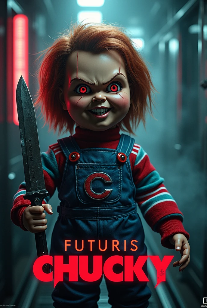 chucky doll, mucled, lightning effect, metallic effect, blue night sky