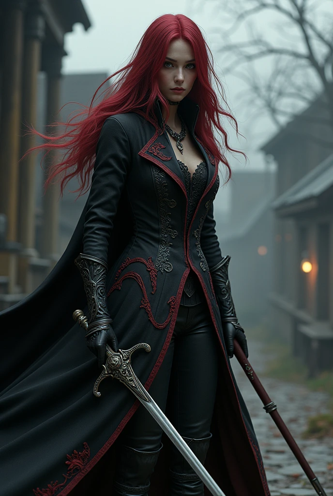 Illustrating Marionne, the demon huntress, She has long wavy lilac violet hair and gray eyesclad in a form-fitting black leather outfit, comprising a wine leather trench coat, a snug red corset embellished with belts and chains, coordinated pants, long leather boots for added defense and a gothic flair, wielding a large sword with a skull-adorned guard and a realistically styled hilt, against a dark backdrop to enhance the mysterious aura, Illustration