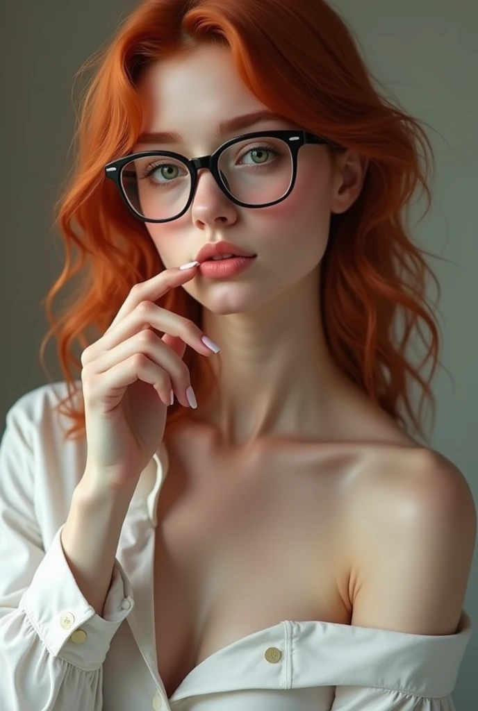A completely naked teenage redhead in glasses on her knees in front of me looking up at me after giving me fellatio so I can see her beautiful face, her huge tits and can see her round plump ass as I look over her shoulder. She has a large amount of gooey clear/white semen all over her face and tits and is biting her lip, desperate to lick it all off of herself so she can get some more. 