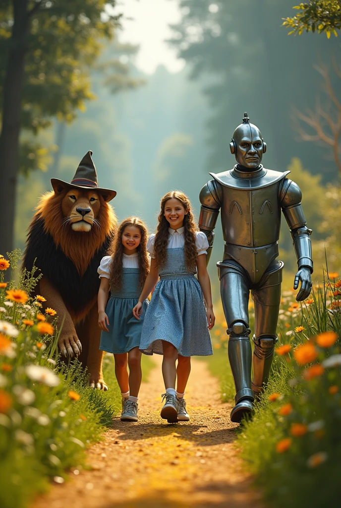 ((best quality)), ((masterpiece)), (detailed), yellow brick road, Dorothy Gale wearing silver llow heel shoes and carrying a basket over her arm, Toto (a small black terrier dog), a Scarecrow, a man made of tin who carries an axe, a Cowardly Lion who walks on all fours, (front view), detailed and extreme, 8k, RAW photo, high resolution, high quality), detailed background, cinematic lighting, back lighting, photorealistic, hyperrealistic, by dasagi, scattered debris