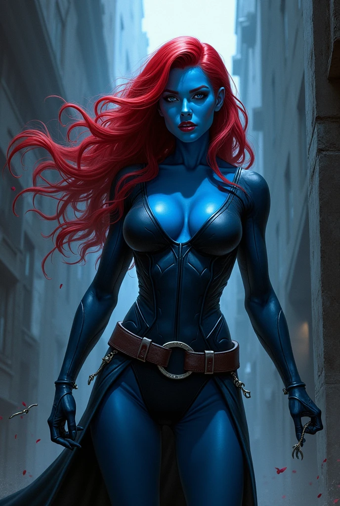 8k, mystique, on a scycraper, nighttime, (cool superhero pose), detailed pupils, white bodysuit, skull belt, masterpiece, best quality, detailed, comics style, (looking at viewer:1.25), 25 years old, blue skin, red hair, yellow eyes,