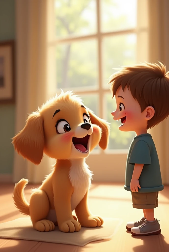 Pixar style image of a brown haired boy, White skin, playing with a white golden retriever dog, the boy has blue shorts, The boy has an orange shirt, the ground is asphalt
