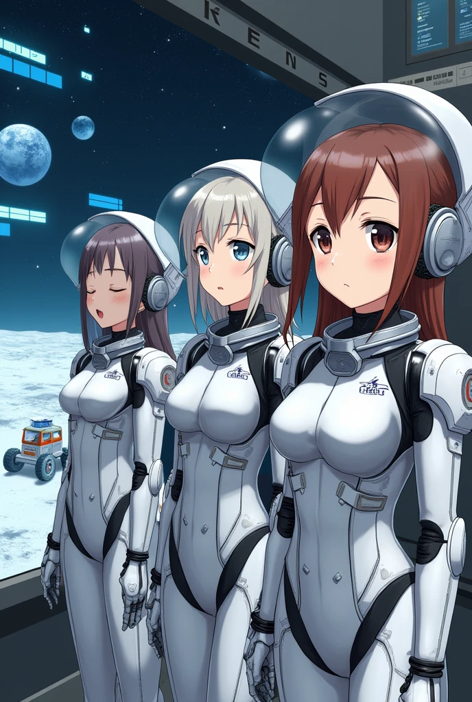 Masterpiece, 4girls, each dressed in sleek spacesuits. The maids are wearing identical uniforms, beauty and cute, high detailed, dinamic lighting, vivid colours, ultra large saggy breasts, massive cleavage exposed, A giant spacecraft navigating interstellar space, Sophisticated design, huge geometric figures stacked in layers,standing, white skin, blue eyeballs, blonde hair, happys, various hair styles, harem, perfect eye, perfect face, Symmetrical eyes, well-aligned, with a natural and proportionate gaze, Observing their master with a servile gaze.