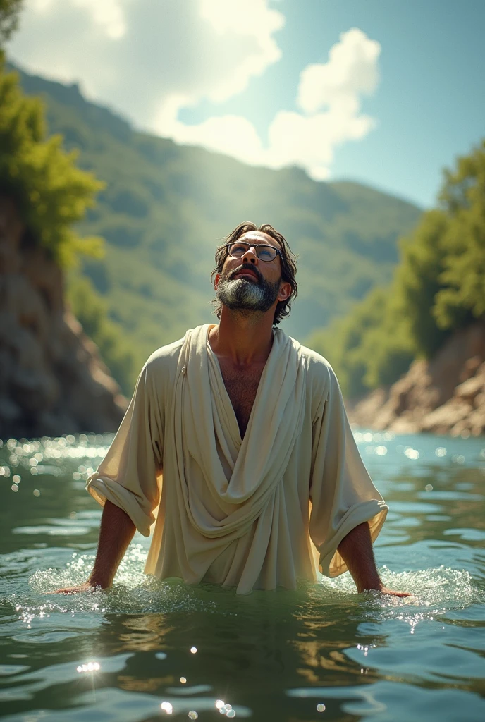 The young Stoic philosopher stands outside in a Roman courtyard, his hands gripping the edge of a stone fountain as he looks down at his reflection in the water. The fountain’s rippling surface distorts his image, mirroring his inner turmoil. His face is contorted in a grimace of pain, yet there’s a glimmer of realization in his eyes. The soft light of dawn begins to break, casting a gentle glow on his figure. His tunic, open at the shoulder, moves slightly in the breeze, symbolizing the start of his transformation from pain to understanding.