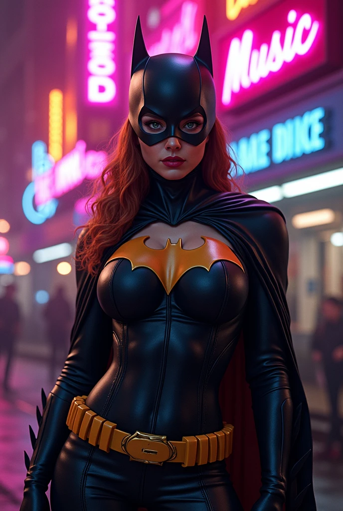 Batwoman in the Batmobile, neon lights, streets, tall buildings, (extremely detailed CG unified 8k wallpaper), highly detailed, masterpiece,  (HDR)(wallpaper) (Film lighting)(Sharp focus), (extremely detailed CG unity 8k wallpaper), (best quality)