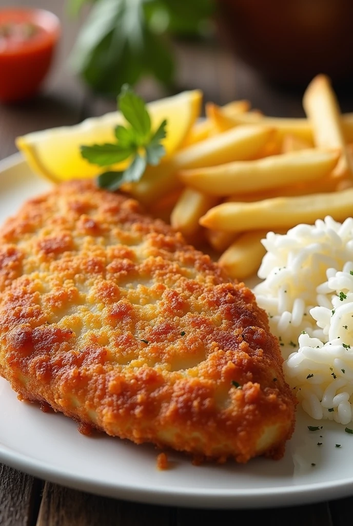 Chicken Milanese with French Fries and Rice for advertising 