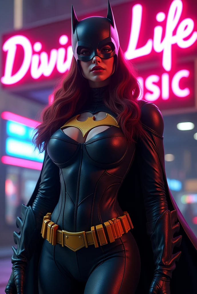 'Batgirl'" FILM magazine, with the title "RichNiji", Extreme Beautiful deepcut dressed Batgirl playing the famous director and holding up a clapperboard like a movie director, with correct letters and spelling., typography, painting, illustration, product