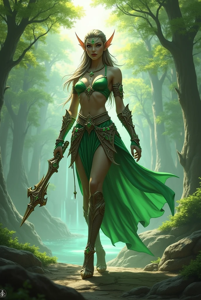 1girl, female focus, wood elf, war dancer, athletic and slender, full body, dynamic pose, revealing ceremonial outfit, tribal tattoos, intricate jewelry, wild hair, pointed ears, holding dual blades, mystical forest background, green and earthy tones, intense and focused expression, WHFRPGchara style