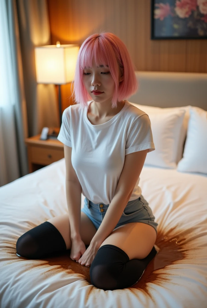 (8k, highest quality, masterpiece:1,2), (Realistic, Photorealistic:1.37), Super detailed, One Girl,), (Very detailedな), (Beautiful and detailed eyes), (highest quality), (Very detailed ), (masterpiece), (Detailed face),20-year-old, ,1 girl, ((Pink Hair,Very short hair)), Medium chest, Dressed, Perfect lighting, break  (White and blue colorblock bomber jacket:1.3), (Red high neck knit sweater:1.2), (White sleeveless bodysuit:1.4), (Blue high waist shorts:1.3), (Slim fit and sporty silhouette:1.2), (Gundam head logo on the back of the jacket:1.4), (Gundam face embroidered on the chest of the bodysuit:1.4), (Gundam arm pattern on the side of the shorts:1.4), (White knee-high socks:1.2), (Red sneakers:1.2), (White headband:1.2), (Red earrings:1.2), (blue necklace:1.2), break bangs on left side, Right ear, White headband, smile, looking at the camera, Sparkling eyes, Place your right hand on your hip, Make a Gundam horn gesture with your left hand, Put your right foot forward, Left leg back, Right leaning, Proudly, Stand up straight, White wall with blue lines, Gundam head logo on the wall, Grey tile floor, Red carpet on the floor, Natural light through the window, Bright face and clothes, Few shadows、((Sexual Panties:0.9))、((Spread your legs wide:1.5))、((Boyfriend and girlfriend having sex in missionary position:1.5))、((POV:1.5))、((Half breast exposed:0.9))、
