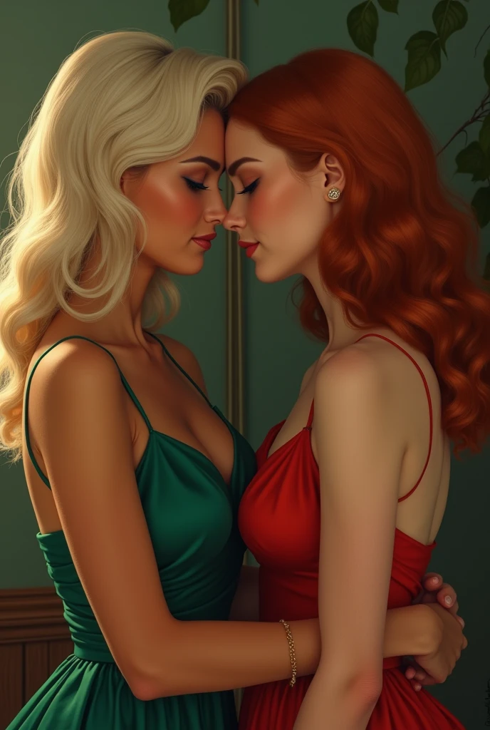 Two beautiful women with long braided red hair and mid wavy blond hair, respectivetly, with green eyes wearing a Mock Neck Cut Out Dress, Sexy Criss Cross Mock Neck ((Mid Sleeves)) Dress, ((luxurious jewelry)), standing in a fitting room, hugging closely and kissing each other (white skin), (red lipstick), (elegant mascara), (muscular body with abs), (small breasts) midjourney, <lora:GoodHands-, <lora:GoodLegs-, UHD, high resolution, (masterpiece:1.1, best quality), (expressive eyes, perfect face, full body, expressive face, perfect body, athletic, fit, slim body, blushing, Perfect makeup, eyeliner, beautiful eyelashes, smiling, horny face), ((Beige dress)), ((Grey dress)), ((Tight dress)), ((best illumination, best shadows)), ((lesbian kiss))