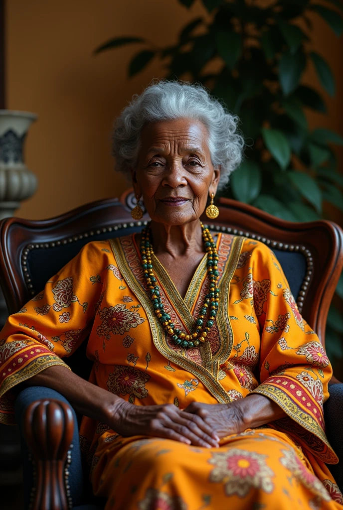 an old black woman, smoking a pipe, sitting on a change, in the background rosemary plants