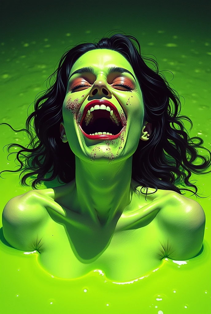 Slime, (monster girl), green slime with darker green, dripping with yellow ooze, clothed, masterpiece, best quality