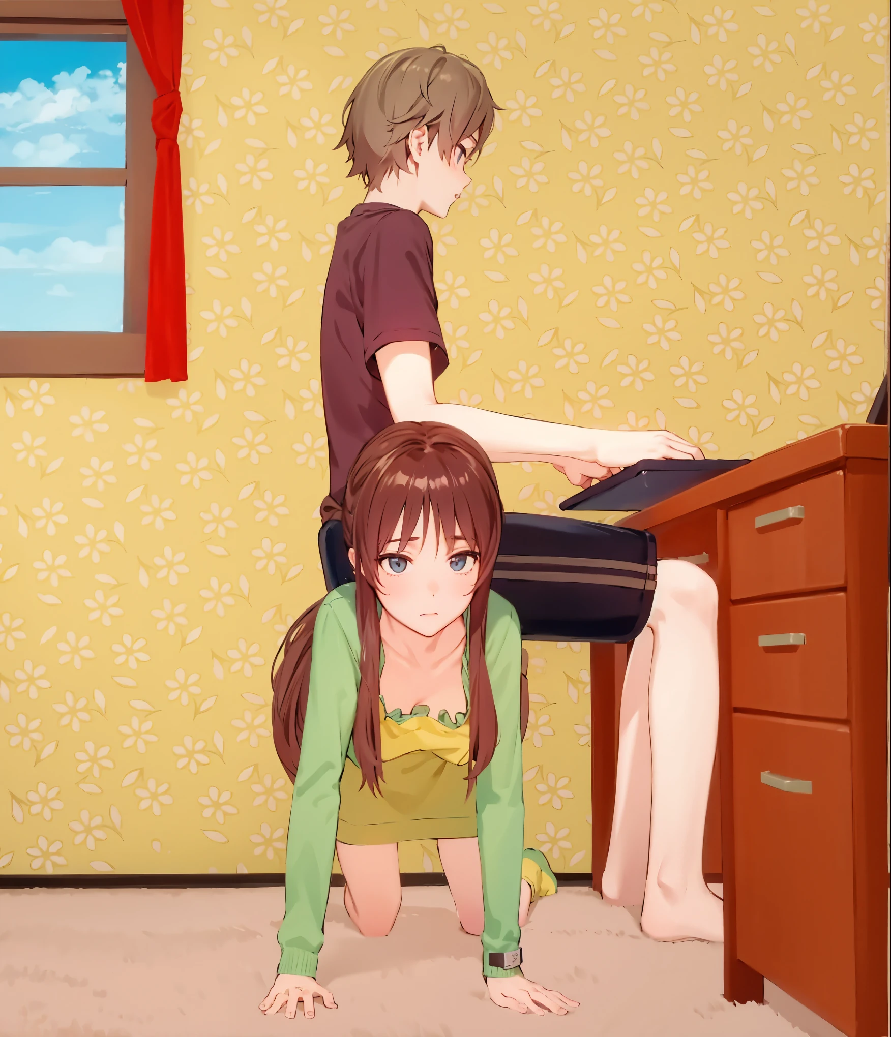 ponygirl,  sitting on back, crawling, bedroom, indoors, notebook, domination, casual,  1boy,  carpet floor, 