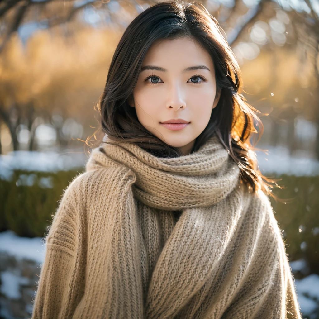 A hyper-realistic image of a single Japanese woman in her early 30s, exuding a mature and graceful beauty, captured with the nostalgic warmth and pronounced graininess of a film camera. She is dressed in sophisticated winter attire, featuring a long coat with elegant tailoring, a textured scarf wrapped snugly around her neck, and a hint of a fine knit sweater visible beneath. Her skin has a warm beige tone with a natural, slightly rough texture, showcasing visible pores, faint fine lines, and subtle variations in tone that add to the authenticity of her appearance. The softness of her face is balanced with these realistic details, creating a tactile, lifelike look. Her large, deep black eyes reflect the diffused natural light, conveying depth and quiet confidence. Her straight, slightly tousled black hair frames her face naturally, with a few strands catching a gentle winter breeze. The winter setting is understated but present, with faint condensation visible near her breath, suggesting a crisp, cold atmosphere. The film camera effect is intensified, introducing a strong grain, subdued color tones, and a soft focus that evoke a nostalgic and organic aesthetic. The natural light is muted, casting delicate, diffused shadows that emphasize the contours of her face and the texture of her attire. The overall composition conveys a sense of timeless elegance and raw realism, focusing solely on the singular beauty of this one individual in a serene winter scene.