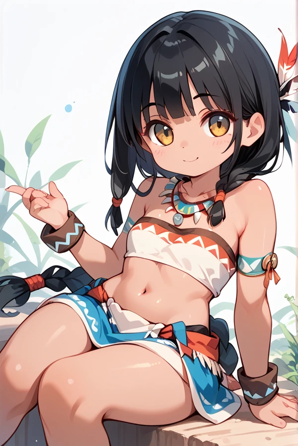 1girl, solo, multiple colored hairs, smile, leaning forward, outside, posing, background, amazon warrior outfit, ponytail, (frontal view), front, face to face, front view, 9 years old, (tomboy), black hair, slender, pert ass, high details, sharp detailed face, detailed eyes, young, long and wild amazon hair, amazon, long hair, tattoo, tanned, in a tribal village with leaf huts and tents, very small breasts, fur, revealing amazon outfit, ikuchan, thong, pregnant, pregnancy, pregnant belly.