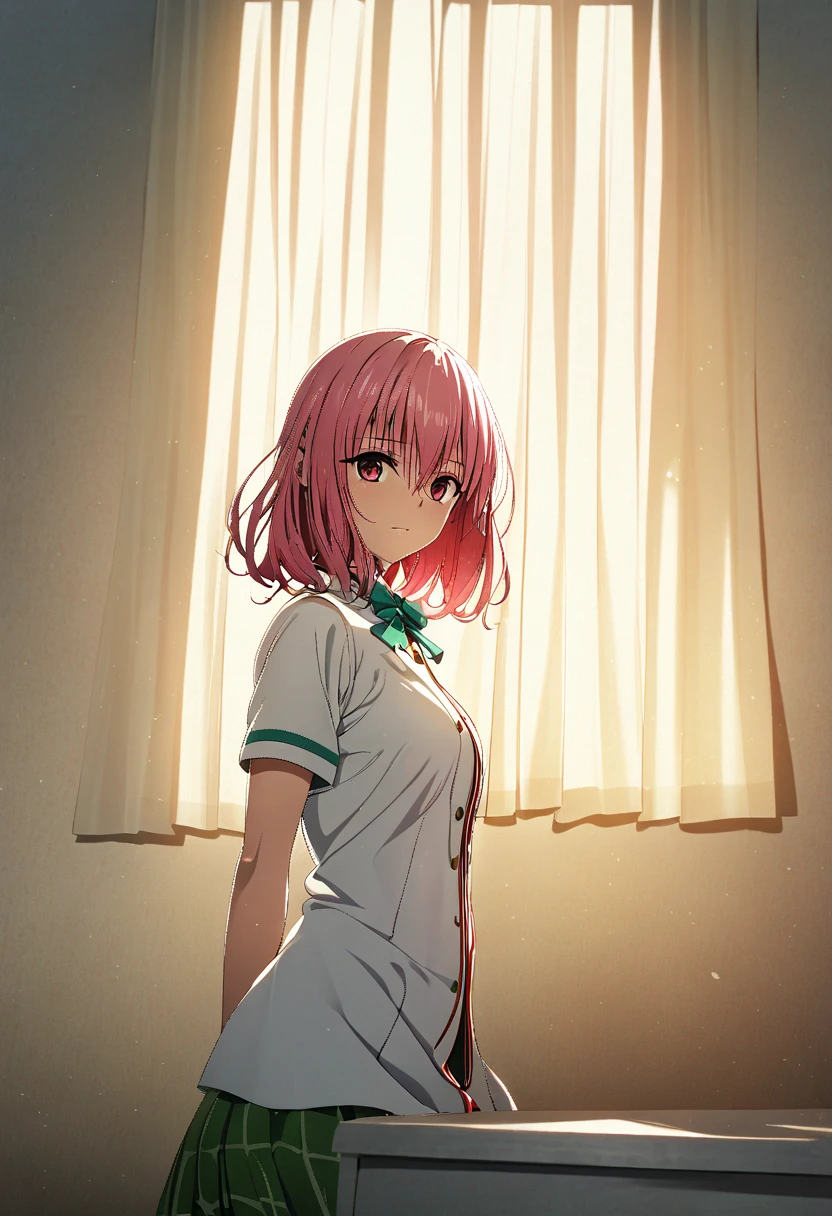 One girl, momo beria deviluke,beautiful girl with medium pink hair in white school uniform,green skirt, sitting by window in empty classroom, duotone style (white and red), afternoon sunlight streaming through window with flowing white curtains and cherry blossoms, red ballpoint pen on white desk, subtle red glow in eyes, volumetric lighting, soft shadows,  photorealistic lighting, depth of field, 4k detailed, dramatic contrast between white environment and red accents {{{white uniform}}}, {{{white curtains}}}, {{{red subtle glow}}}, professional lighting, cinematic composition, masterpiece, best quality, absurdres,