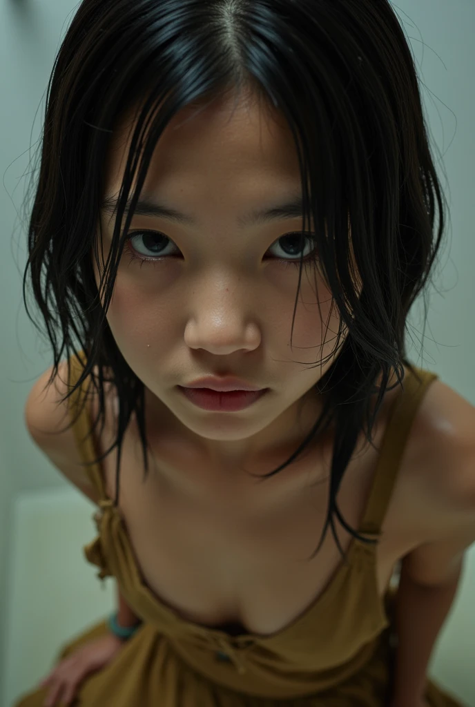 ((Realistic)), RAW Candid Cinema, 16mm, Color Grading Portra 400 Film, Amazing colors, Ultra-realistic, Filmed with a movie camera, Detailed skin texture, Scattered beneath the surface、 (((Poor refugee cute girl)))、 highest quality, Very dark underground slums, (Solitary confinement), ((Wet, Messy, Messy Hair)) 、 (Fine grain)、((No makeup)) (True Face))、((No makeup))、(((cry)))、(((skinny, boyish body)))、(((Get angry)))、((The bombed room)) Uniform skin color、(((Shortcuts))) (((Shot from above the bed))) Black background ((boyish)) beauty beautiful (((Dirty white tank top)))