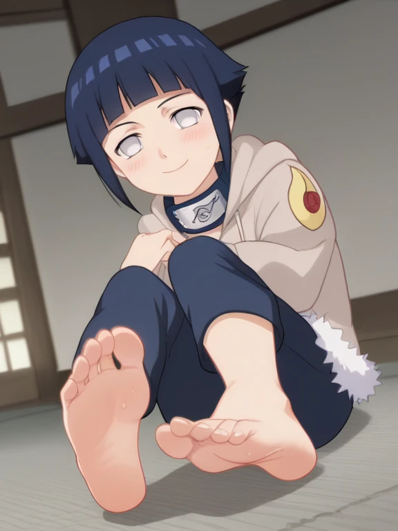 score_9, score_8_up,source_anime,Hinata, 
 short hair, dark blue hair, no pupils, 1girl, blunt bangs, shiny hair, grey eyes, Hoodie, alone, hood down, long sleeves, looking at viewer, blush, fur trim, capri pants,   Smile， closed mouth,sitting on the ground, cowboy shot, bandages, thigh holster,  konohagakure symbol  , forehead protector, 
ANIME SCREENCAP, anime coloring,
In the room，Soles sweating，barefoot，Perfect feet，Anatomically correct，soles，Low Angle，Focal length 35mm, Five toes