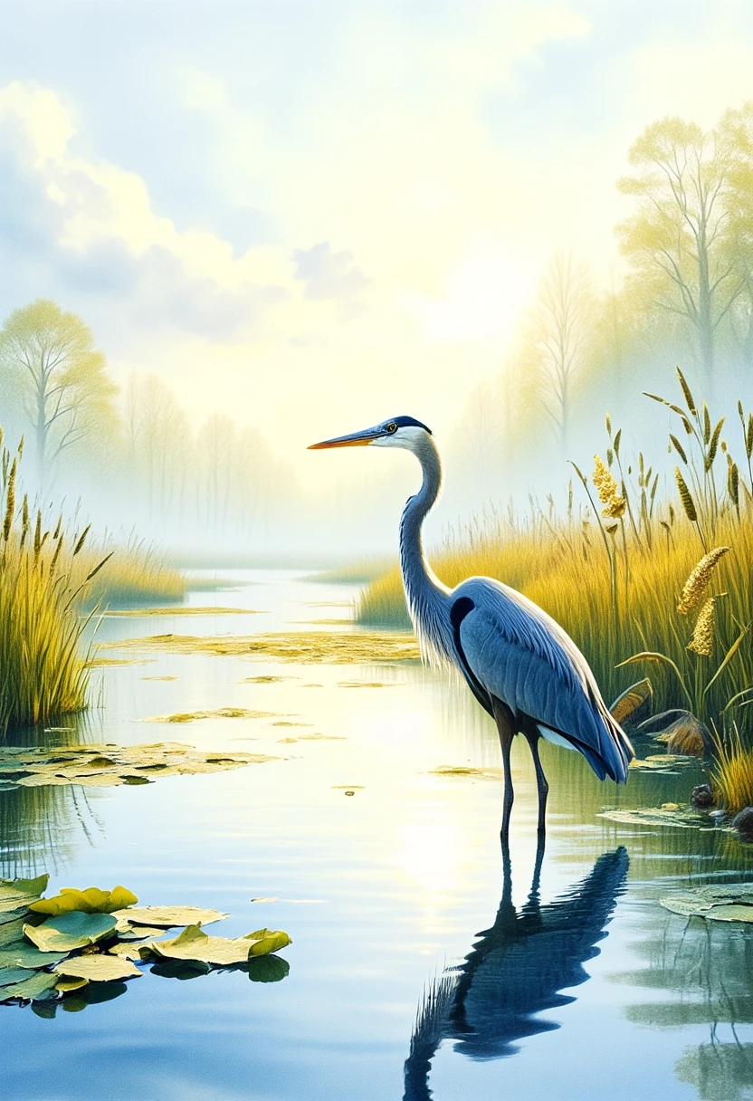 realistic nature illustration, intricately detailed watercolor painting, a serene scene of a great blue heron standing gracefully in the wetlands, the heron is perched in shallow water, its long legs submerged beneath the surface, its sleek body and elegant neck creating a striking silhouette against the soft colors of the surrounding landscape, the bird's feathers are painted in delicate shades of blue-gray, with hints of slate and white, the fine details of its plumage captured in gentle, flowing brushstrokes, in the foreground, the reflective water is dappled with sunlight, its surface rippling around the heron's legs, patches of water lilies and reeds add texture and life, their green leaves and yellow blossoms painted in soft, translucent layers, the background features a sprawling wetlands scene, rich with tall grasses and cattails swaying gently in the breeze, their golden hues complementing the cool blues and greens of the heron and water, beyond the reeds, distant trees blur into soft washes of greens and browns, giving a sense of depth and tranquility to the scene, the sky is a pale watercolor wash of soft blues and hints of warm, late afternoon light, creating a peaceful, natural ambiance, subtle clouds drift across the horizon, adding texture without overpowering the delicate balance of the landscape, the perspective is wide, capturing both the heron and the intricate wetland environment, the low angle places the viewer at water level, emphasizing the majestic presence of the bird, the lighting is natural and soft, with the warm sunlight casting a gentle glow across the scene, enhancing the subtle reflections in the water and the rich textures of the foliage, the overall mood is peaceful and reflective, the watercolor technique lending a delicate, airy quality to the image, with fluid brushstrokes and soft blending creating a harmonious, serene scene of nature at its most graceful, dappled sunlight, crepuscular rays,