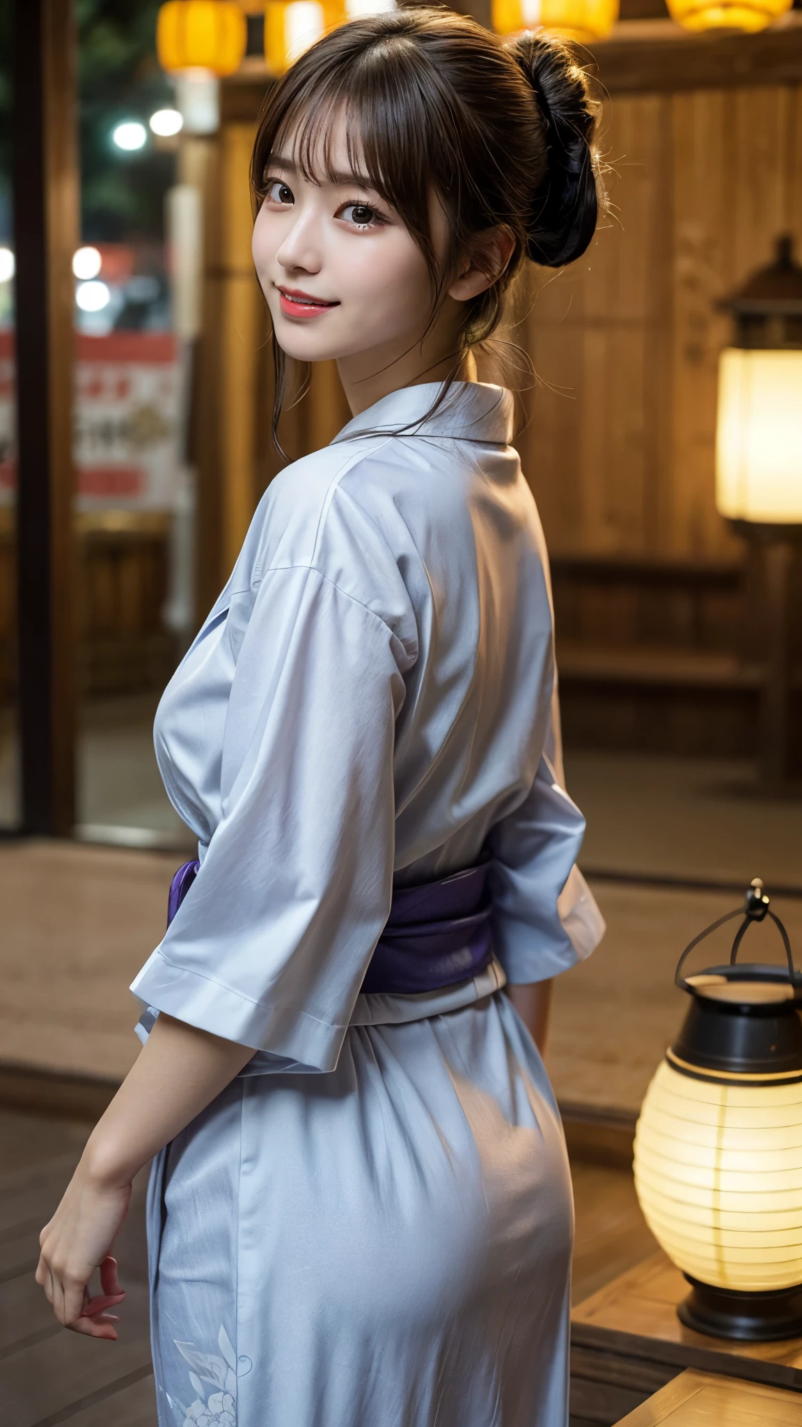 rear view,whole body、 amazing wallpaper , iny figure in a large environment , zoomed out , Alone, very cute , 1 Japanese idol , 20 years old、 symmetrical eyes next to woman , eyelash , very thin skin with great attention to detail , charming smile , closed mouth, perfect anatomy ( chubby,) , Warm colors, high definition, Very detailed, masterpiece, beautiful eye with great attention to detail, yukata、Bon Odori、Summer Festival、night、Lantern、scaffold