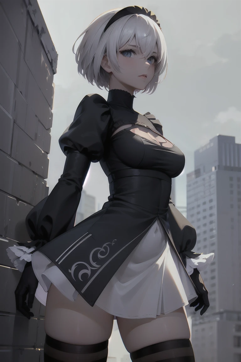 (masterpiece, best quality, highres, high resolution:1.2), extremely detailed, intricate details, 1girl, solo, looking at viewer, cowboy shot, standing, hm2b, light blue eyes, clothing cutout, long sleeves, puffy sleeves, juliet sleeves, feather trim, black thighhighs, black gloves, covered navel, (white_leotard:1.2), outdoors, dystopian, ruined city, (cinematic lighting, bloom, volumetric),