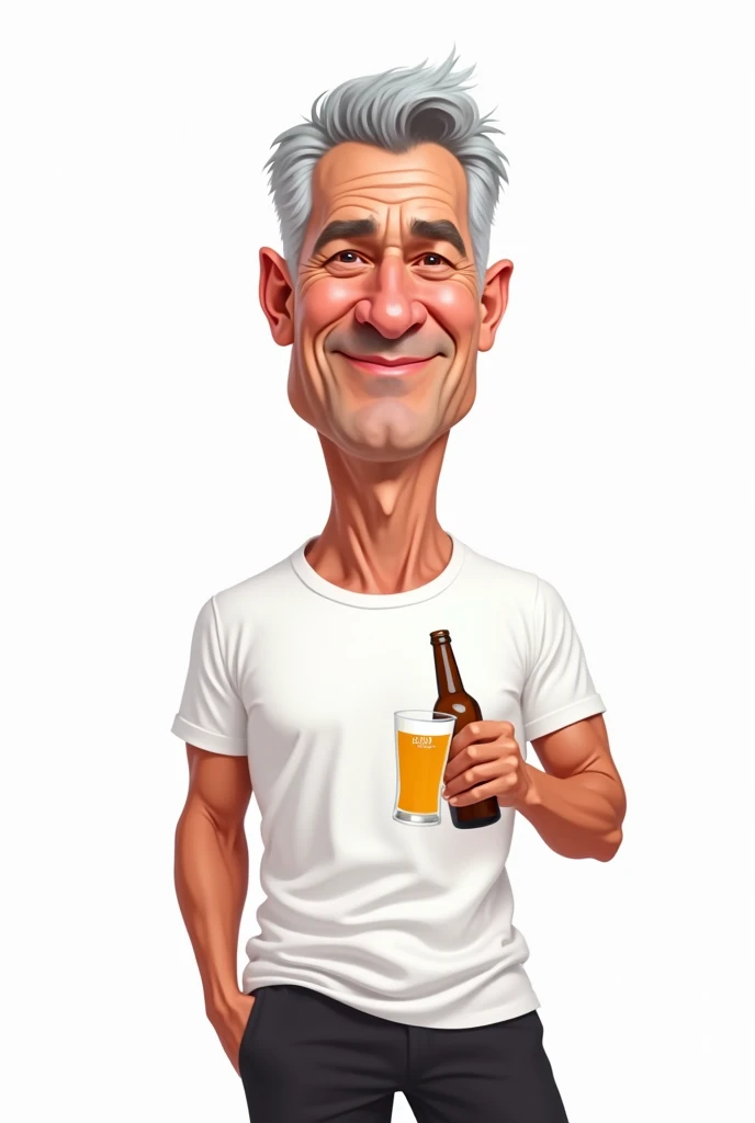  Create a caricature of a gray-haired Brazilian man,  short hair, in one of your hands a beer glass and in the other the beer bottle ,  wearing a short sleeve white t-shirt and black shorts with a white background
