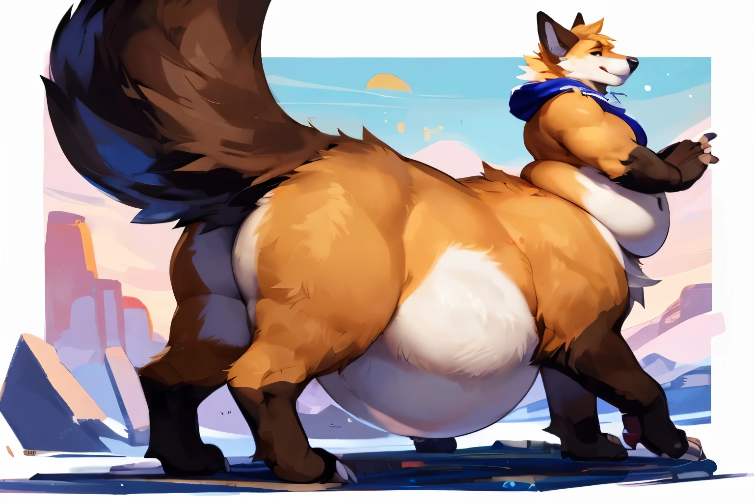 (Rear view), 4k ultra quality, 4k full body view,(ultra high detailed body),(enomorous foxtaur), detailed body,white belly fur,by mystikfox61, by glitter trap boy,feral paws, by bebebebebe,by morethreedee, by seibear,(choker),(thick thigh),(chubby thigh),thicc thigh,thick legs,chubby legs,thicc legs,massive butt,enomorous thigh,massive thigh,massive legs,enomorous legs,thick lower legs,wide legs,(detailed thigh),(wide thigh),thick butt,fluffy belly,furry belly,sharp nails,((sfw)),(ultra detailed face),detailed eyes,big tail,fluffy tail,(detailed tail),enomorous tail,bigger tail,huge tail,volumetric light,((taur)),ultra bigger lower body,big lower belly,round lower belly,big paws,(thick paws),fluffy paws,furry paws,enomorous foot paws,huge foot paws,animal focus,legendary beast,standing,enomorous lower body,strong lower body,(long legs),front view,golden bracelet,leather belts,ornate necklace,ornate belts,multiple belts