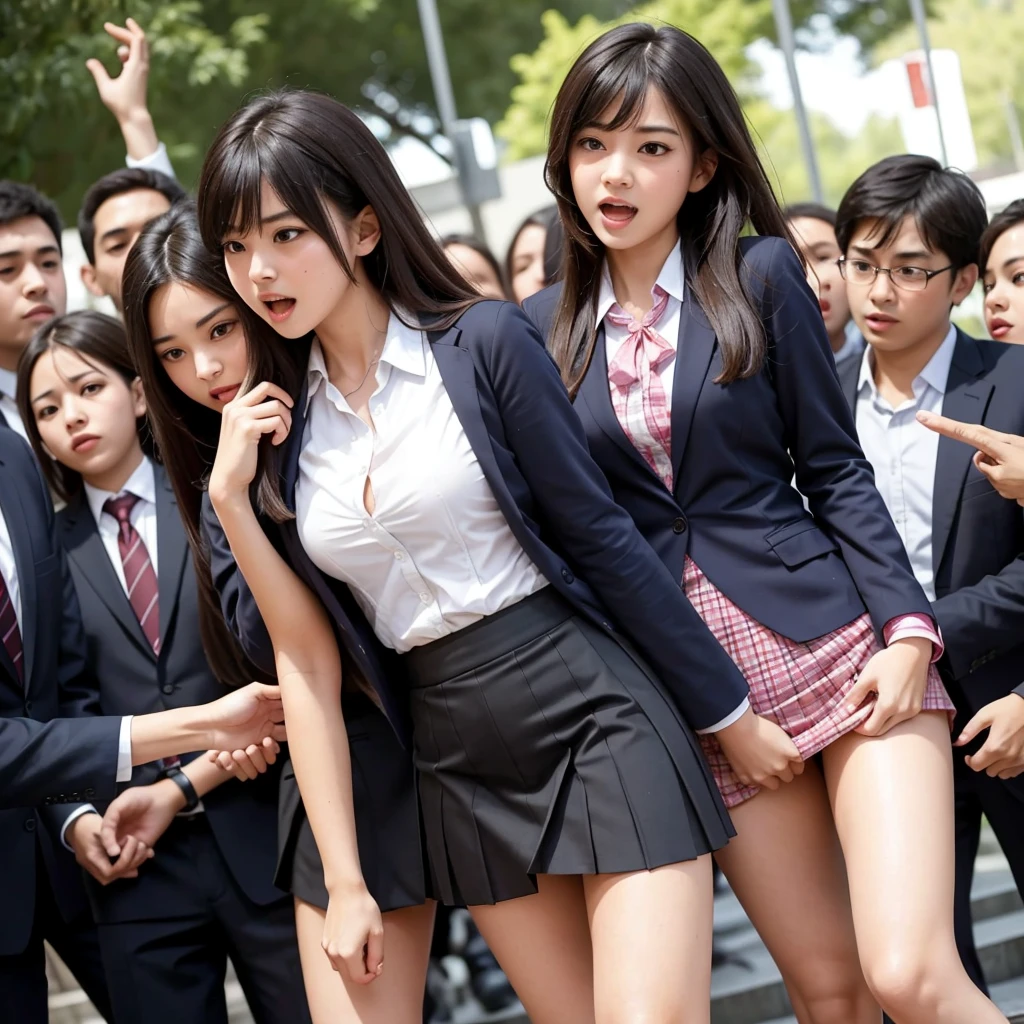 An innocent beautiful girl surrounded by excited high school students, A cute, baby-faced idol-like girl, Blazer is torn to reveal sexy panties, She was so embarrassed to be seen molesting in public that she cried out with her mouth open., A high school boy grabs my chest from behind, A high school boy touches my crotch and I get wet,  Anatomically correct, Being molested by a group of men, Staring at the audience, Beautiful wavy bob hair, blush, Body turns bright red, Wet with sweat, Increased sensitivity, Tears overflow from your beautiful eyes, Ultra-high resolution, Slender body, Japanese