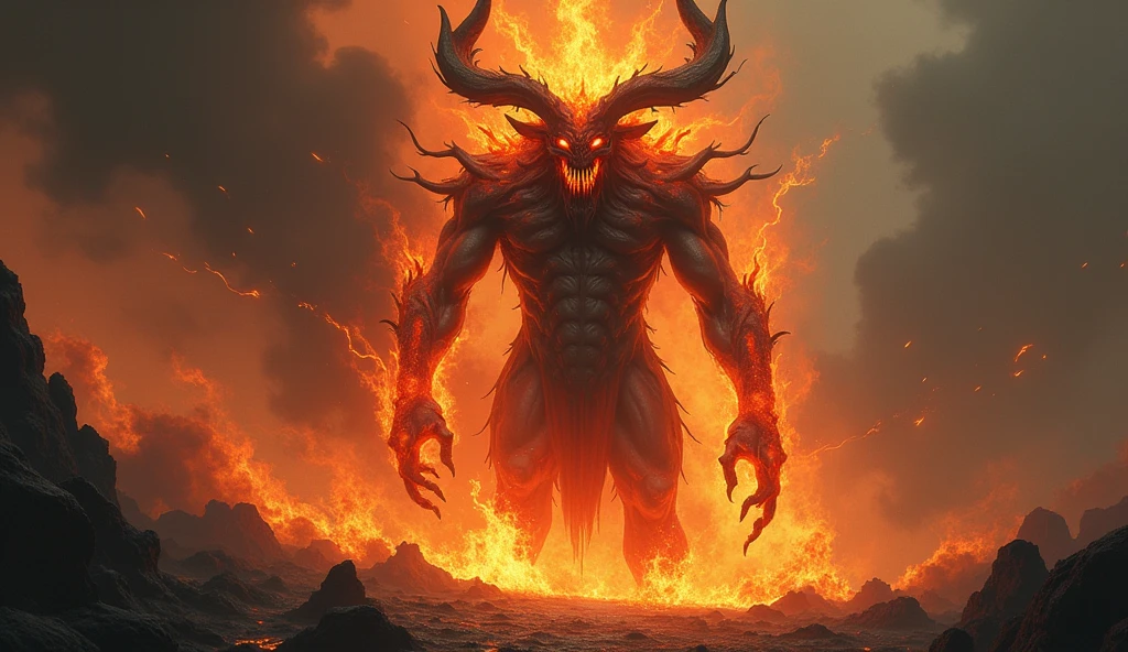 In a realm bathed in ethereal light, a mystifying, bioluminescent Minotaur made of smoke traverses a tranquil, Red Hell environment, its Regal horns aglow with a radiant inner essence, textured skin, super detail, masterpiece, highres, 16k