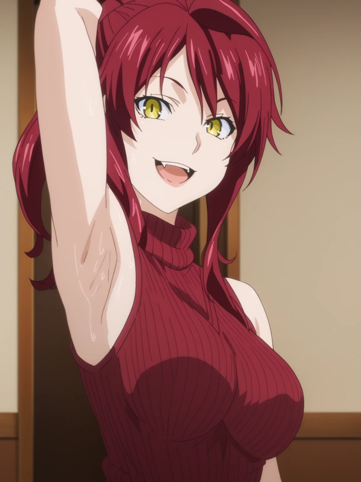 score_9, score_8_up, score_7_up, source_anime, anime screencap, 1girl, solo, kobayashi rindou, yellow eyes, red hair, red sweater, sleeveless sweater, turtleneck sweater, ribbed sweater, arm up, raised arm, armpit, from side, looking at viewer, head towards viewer, smile, opened mouth, fang teeth, badhandv4, indoors , detailed armpits, sweaty armpits