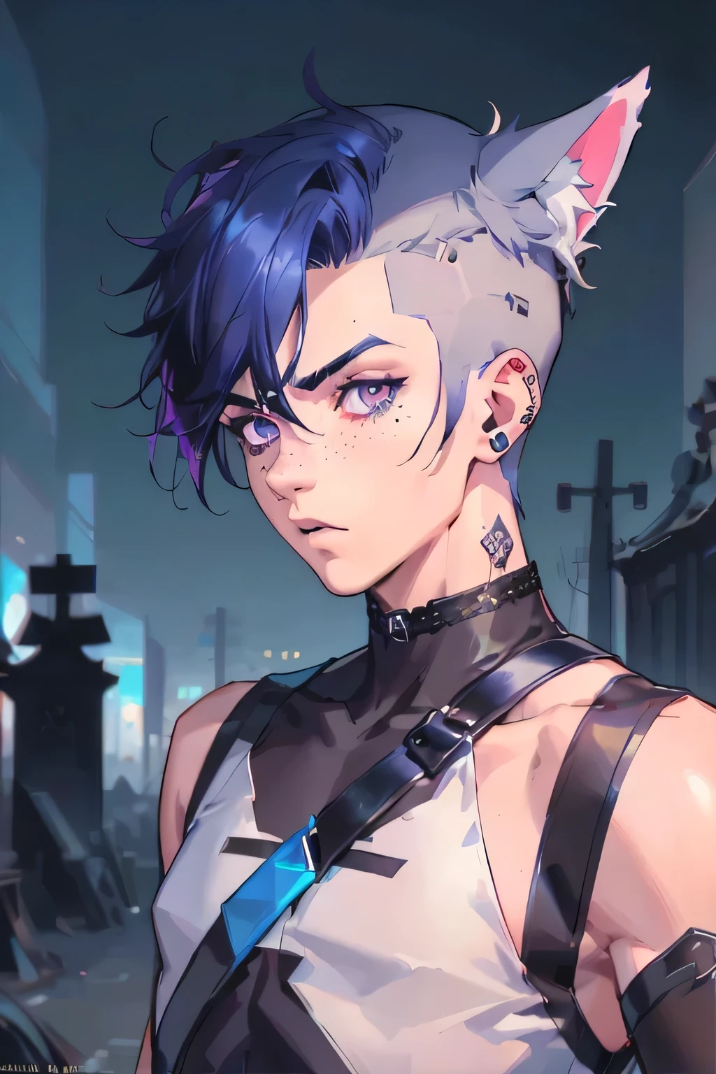 Male,a punk man with an undercut hairstyle, wearing a crop top, shaved hair, pale skin, purple eyes, blue hair, dog ears, freckles on his face, wearing collar, dog collar, with moths around him,dog ears on head, black dog ears, dog ears (best quality,4k,8k,highres,masterpiece:1.2),ultra-detailed,(realistic,photorealistic,photo-realistic:1.37),detailed eyes,detailed facial features,extremely detailed face,detailed clothing,octane render,cinematic lighting,dark colors,dramatic lighting,dark moody atmosphere,dog tail,black tail, fluffy tail, dark background, graveyard,  creepy