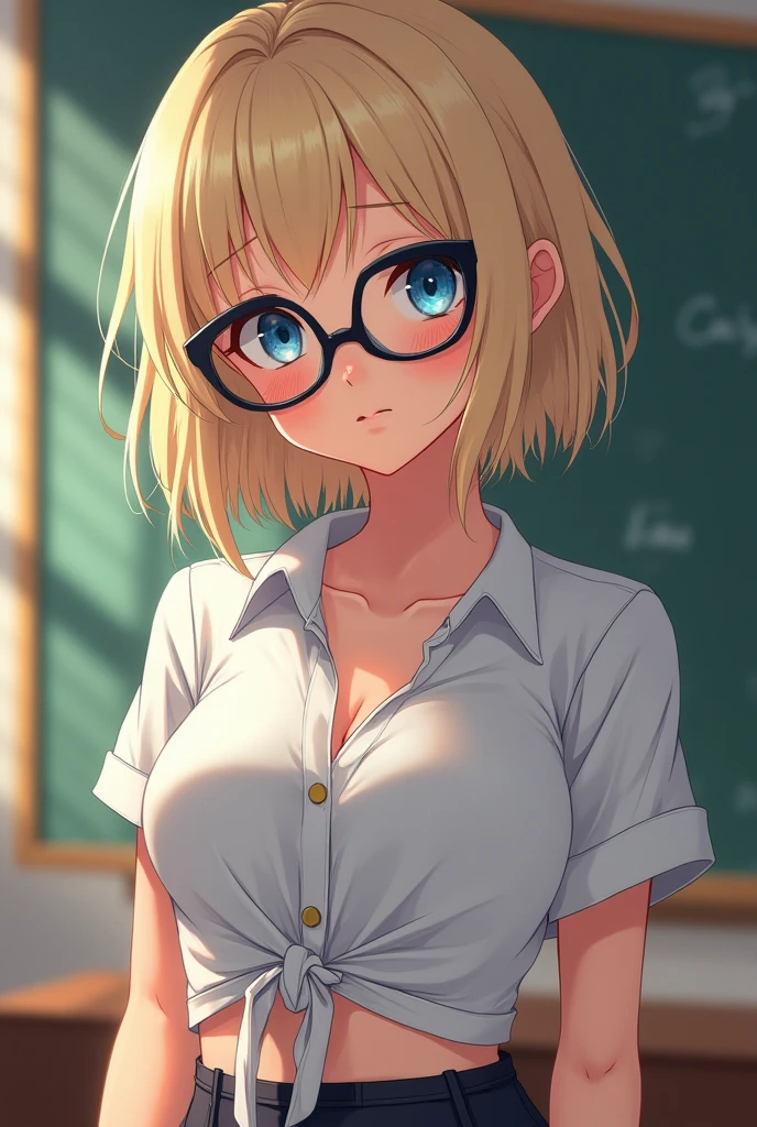 detailed illustration ,dynamic angle, ultra-detailed, detailed eyes, detailed face, 1girl, shy, sitting at a desk, blonde, short hair, medium breasts, cleavage, blue blouse, short black skirt, blue eyes, glasses, smiling