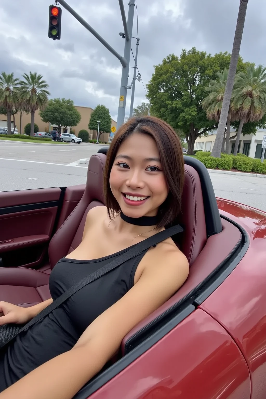 A 28-year-old female CEO wearing high-end fashion clothes from a subjective perspective, smiling cutely. Sitting in the driver's seat of a convertible Porsche 718 with a burgundy interior. Wearing a seat belt. At a traffic light at a Miami street intersection. (Fair skin, no makeup) (Long straight black-brown hair, single ponytail) (Small face) (Big breasts) (Real photo texture) (No sharpening of the photo) (Fisheye lens)