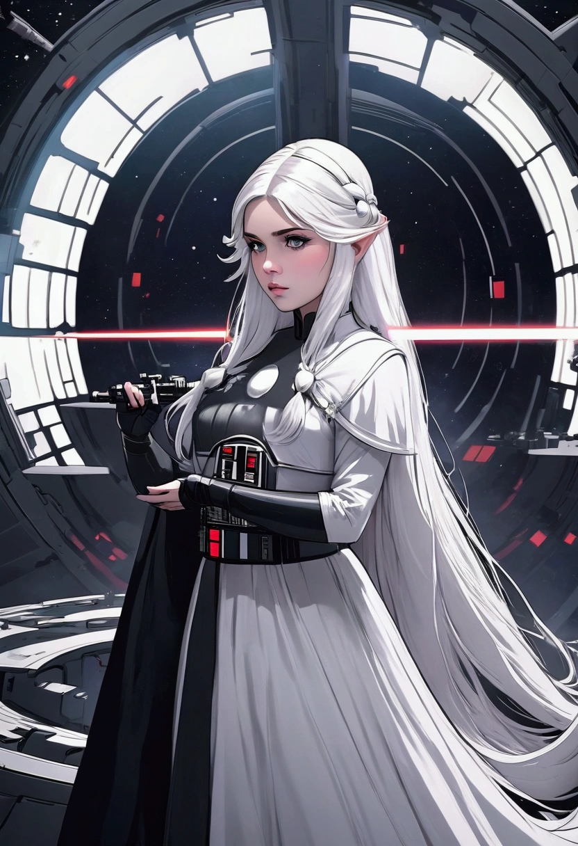 Girl with white long hair a dress that looks princess like but also fightable in the dress is more like a black red. She loves star wars, it is one girl and she is in the death star next to darth vader 