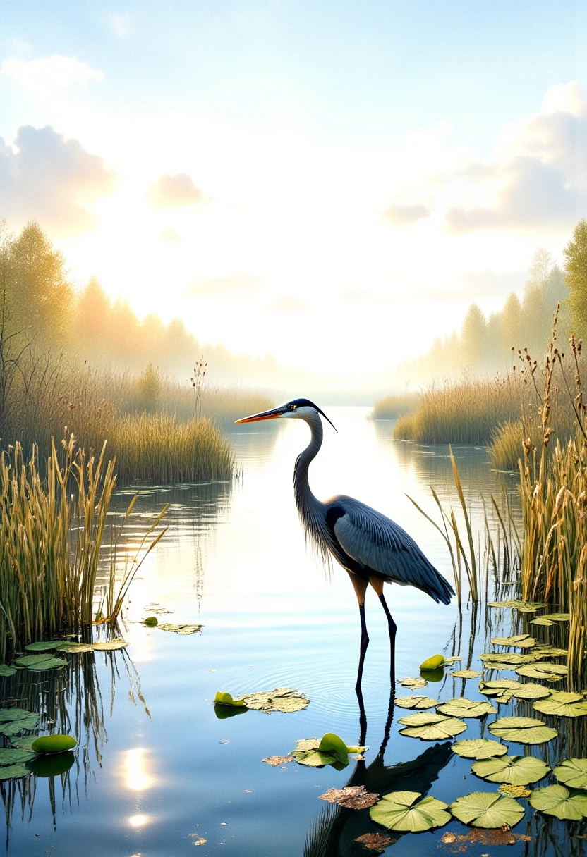 realistic nature illustration, intricately detailed watercolor painting, a serene scene of a great blue heron standing gracefully in the wetlands, the heron is perched in shallow water, its long legs submerged beneath the surface, its sleek body and elegant neck creating a striking silhouette against the soft colors of the surrounding landscape, the bird's feathers are painted in delicate shades of blue-gray, with hints of slate and white, the fine details of its plumage captured in gentle, flowing brushstrokes, in the foreground, the reflective water is dappled with sunlight, its surface rippling around the heron's legs, patches of water lilies and reeds add texture and life, their green leaves and yellow blossoms painted in soft, translucent layers, the background features a sprawling wetlands scene, rich with tall grasses and cattails swaying gently in the breeze, their golden hues complementing the cool blues and greens of the heron and water, beyond the reeds, distant trees blur into soft washes of greens and browns, giving a sense of depth and tranquility to the scene, the sky is a pale watercolor wash of soft blues and hints of warm, late afternoon light, creating a peaceful, natural ambiance, subtle clouds drift across the horizon, adding texture without overpowering the delicate balance of the landscape, the perspective is wide, capturing both the heron and the intricate wetland environment, the low angle places the viewer at water level, emphasizing the majestic presence of the bird, the lighting is natural and soft, with the warm sunlight casting a gentle glow across the scene, enhancing the subtle reflections in the water and the rich textures of the foliage, the overall mood is peaceful and reflective, the watercolor technique lending a delicate, airy quality to the image, with fluid brushstrokes and soft blending creating a harmonious, serene scene of nature at its most graceful, dappled sunlight, crepuscular rays,