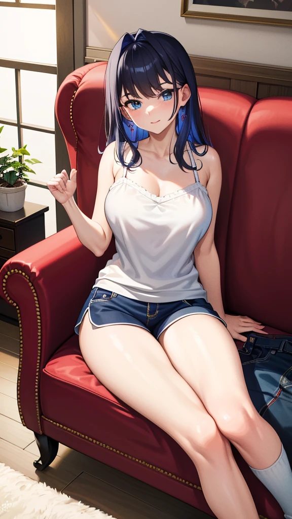 Clothes: Lace camisole, shorts. Fluffy socks on the feet. Location: Living room at home.(sitting on the sofa).((Anatomically correct)), (Highly detailed), (Ultra HD), (Highest quality), (High resolution), (Best quality), (One Person).