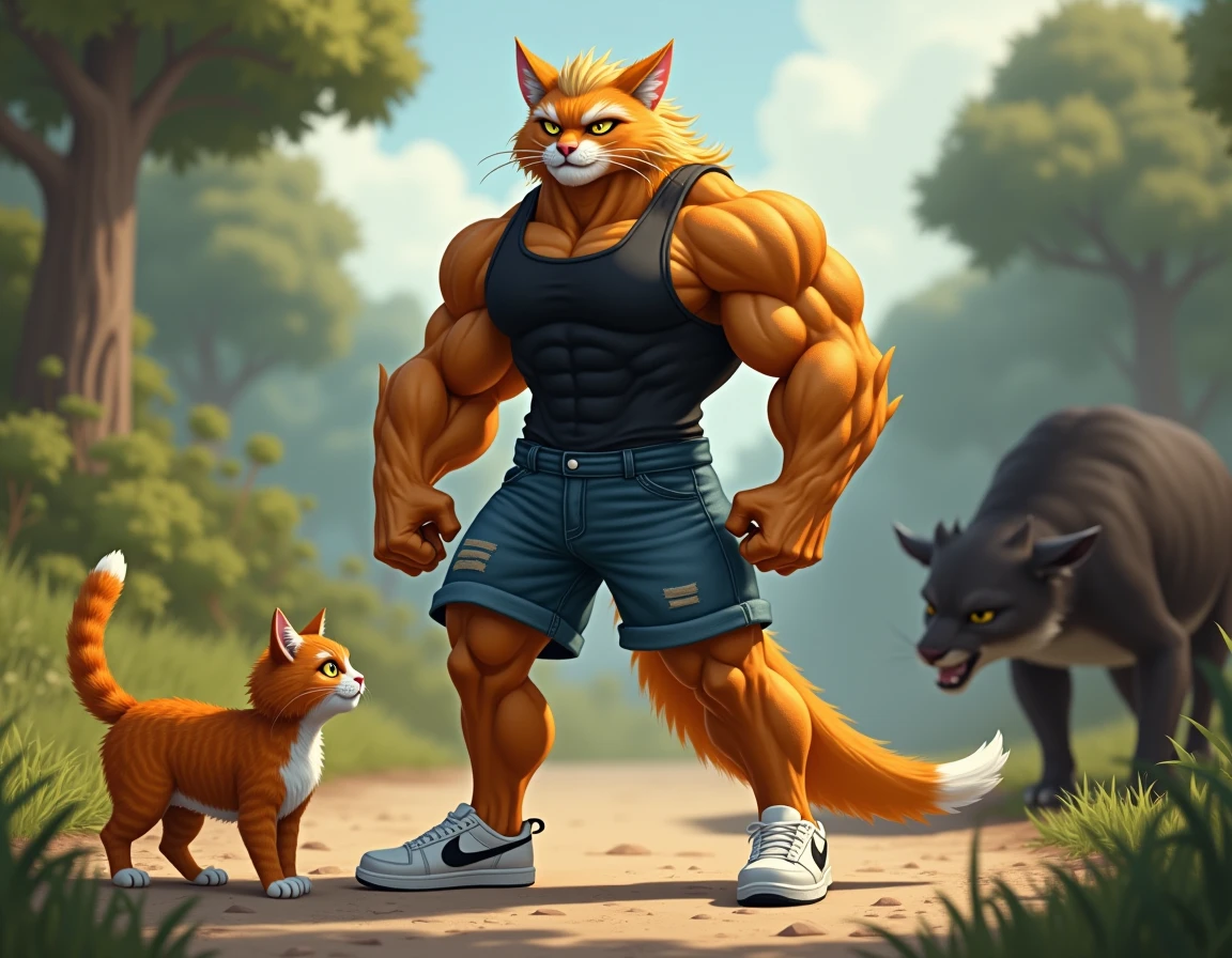 Create an image of an anthropomorphic muscular cat with a cute face and orange fur, wearing blue shorts. The cat is walking on a beautiful, scenic road surrounded by a stunning landscape with lush trees, mountains in the distance, and a bright, clear sky