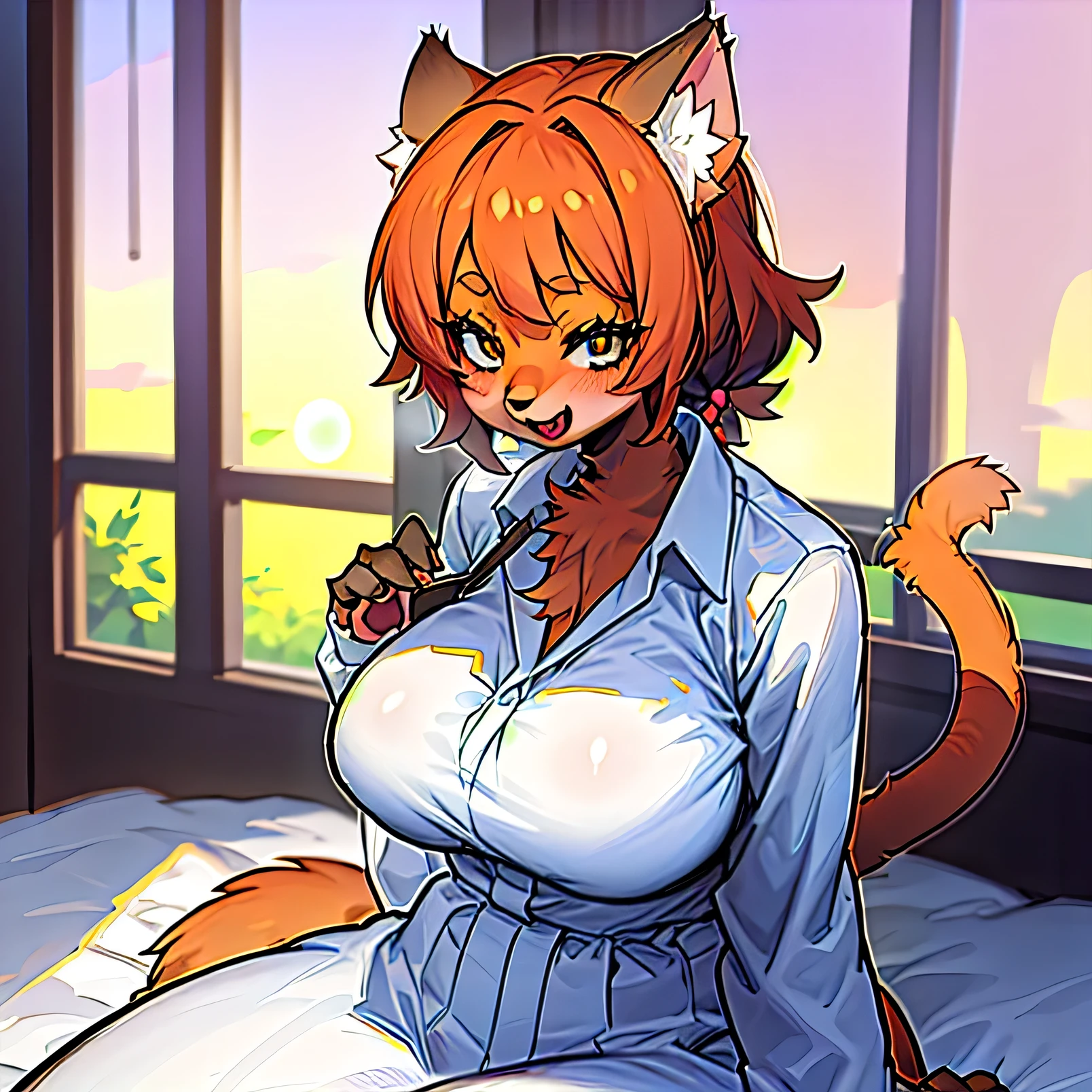  anime girl with a cat's tail sitting on a window sill, anime girl ready, pov Furry art, girl ready, cute anime girl ready, beautiful anime girl ready, (sfw)  safe for work, very beautiful cute girl ready, girl ready atractiva,  commission for high resolution , animated cat, realistic animated cat, Furry art!!!, ((sunset)) a cat with big breasts ,  orange fur, smiling at the camera, Anime style, furry, animal ears, orange fur, cat ears, cat tail, open mouth, smile, shirt, body fur, white shirt, blush. Milf, beautiful face, Alta resolución, La mejor calidad, cara de inocente 