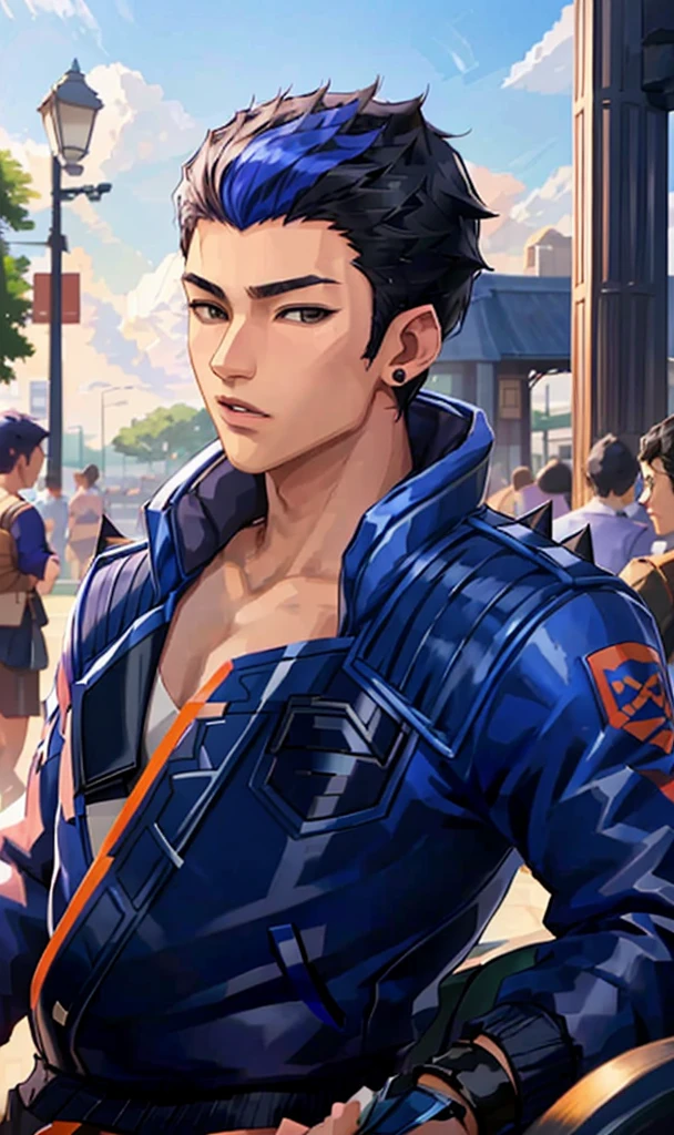 Portrait of Yoru, solo, male in his Mid-thirties, (youthful adult:1.2), male focus, looking at viewer, spiked hair, short hair, two-tone hair, black hair, blue hair, ear piercing, blue eyes, Soul Card, jacket, shoulder spikes, simple background, abs, muscular, fully naked, horny, masturbating, armpit hair, pubic hair, cumming