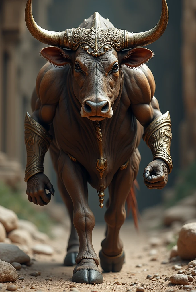 posted on e621, anthro (bull), male, hyper realism, realistic fur, detailed background, medium length horns, bovine tail, muscular, (photorealistic:1.3, full body perspective, (tan colored shorts:1.4), burlap cloak, stone pathway, wilderness background, detailed, hi-res