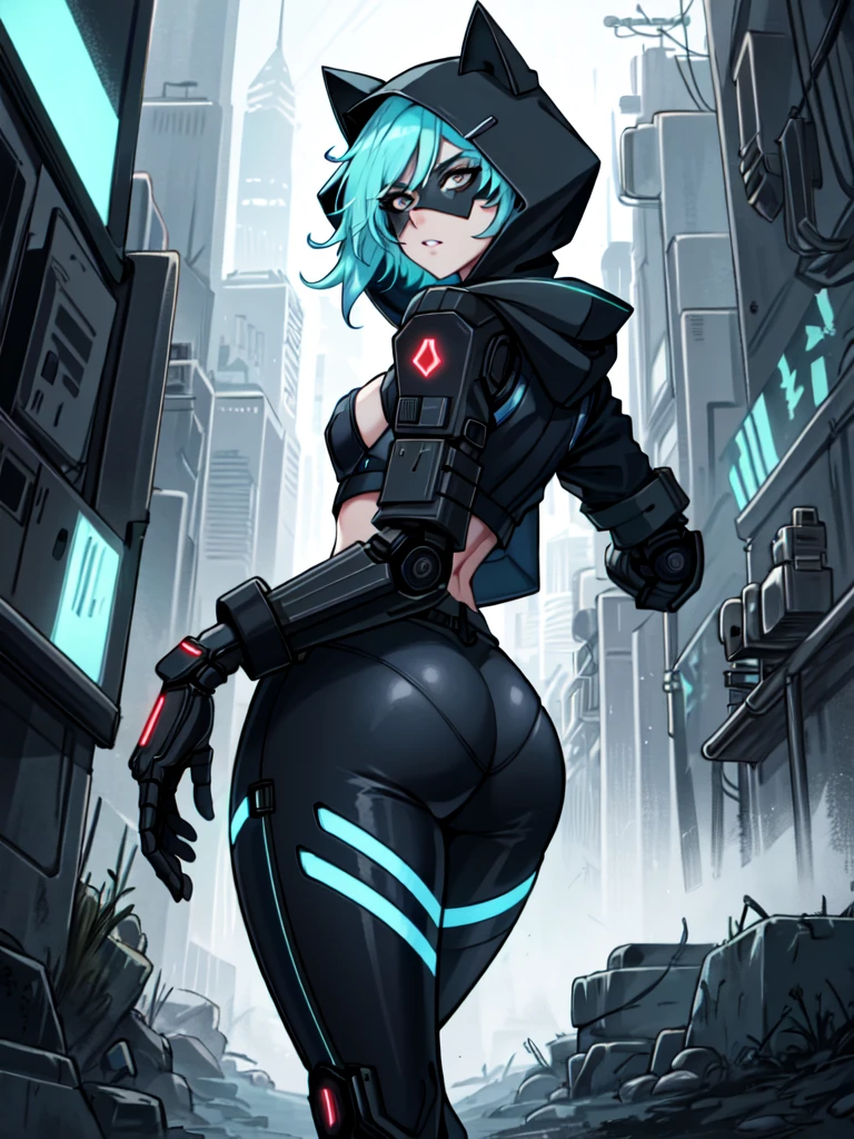 1girl, anime girl, commission for high res, thicc, lit from behind, [ 4 k digital art ]!!, sfw version, detailed fanart, oc commission, character is in her natural pose, anime lush, combine assassin, 1girl, solo, helmet, faceless, gloves, military, science fiction, gas mask, shoulder armor, bulletproof vest, one-eyed, glowing eye, petite, black bodysuit, white armor, large breasts, ass, presenting, wide hips, combine assassin, cyberpunk, city, tower, dystopia, neotokyo, ghost in the shell, blue camo, white vest, skintight, exposed thighs, exposed stomach, exposed hips, sexy tight clothes, full body shot, bike shorts, exposed legs, bare legs, street, neon light, blade runner 2049, holograms, hologram billboard, backround characters, backround, police, corporate, rooftop roof, appartment,